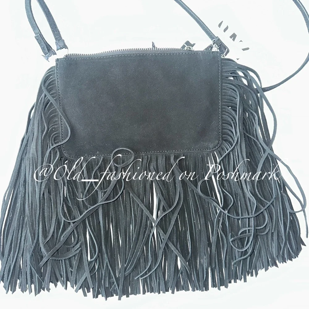 ZARA Leather Fringed Crossbody Bag - Black